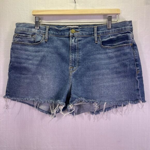Frame Denim Blue Jean Stretch Raw Hem Bixby Le Cut Off Shorts Light Wash Size 34 - Picture 1 of 8